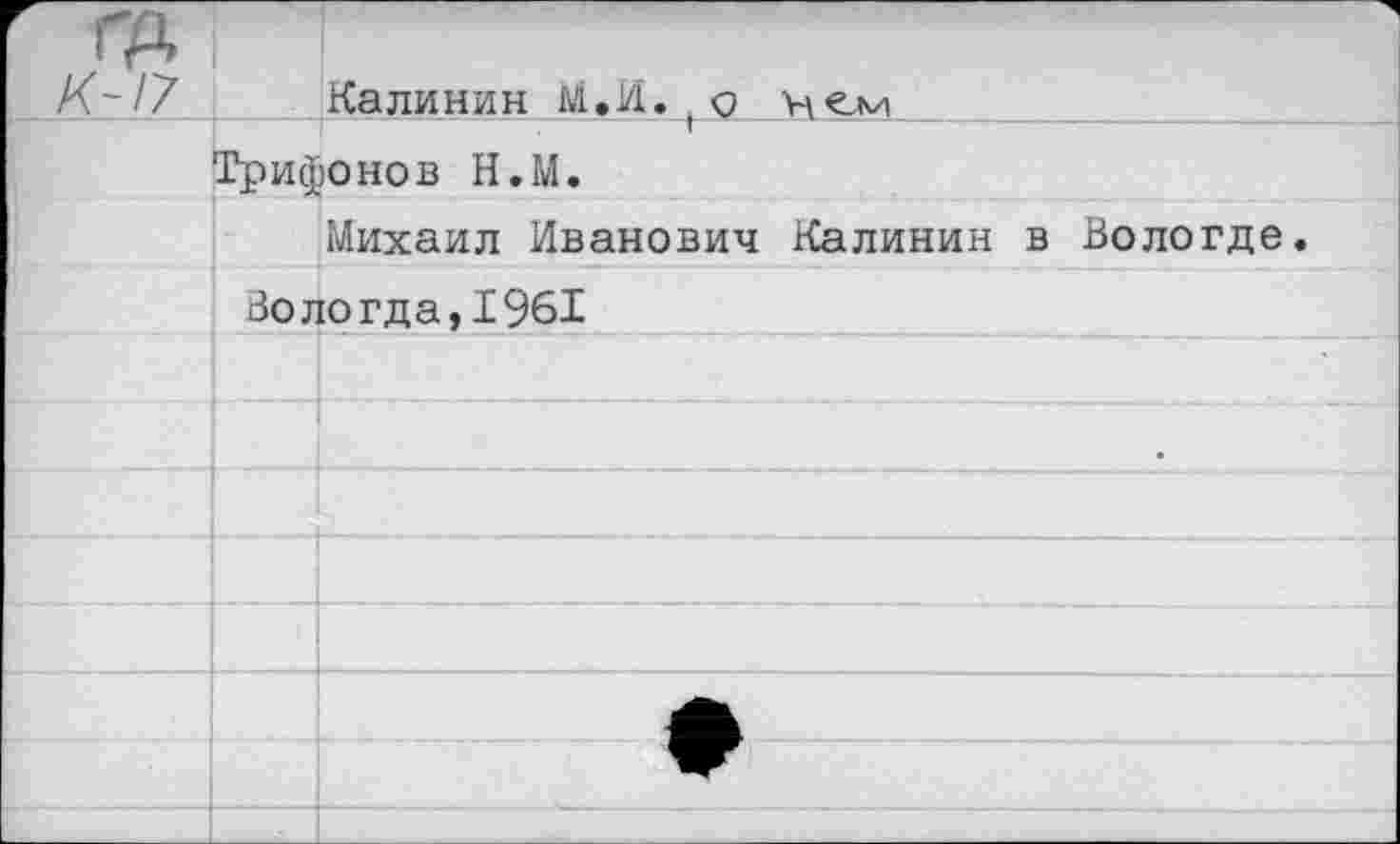 ﻿ГД К-17		Калинин м.И. о нем
	Трифонов Н.М.	
		Михаил Иванович Калинин в Вологде.
	Вологда,1961	
		
		
		
		
		
		
		
		